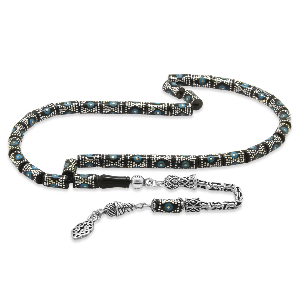 3150 Adet Gümüş Çakım 925 Ayar Gümüş Kral Püsküllü Kesme Kesim Mavi Mineli Erzurum Oltu Taşı Tesbih - 1