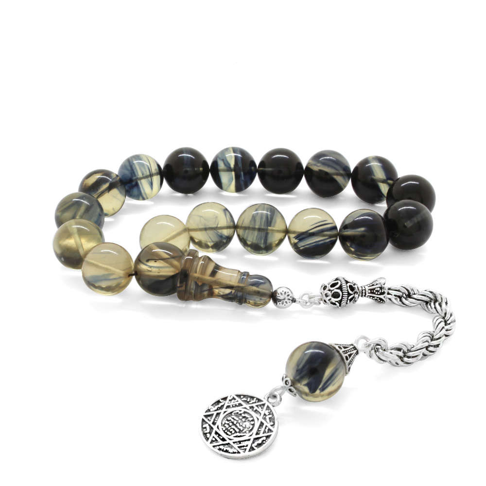 925 Ayar Gümüş Halat Püsküllü Süzme Siyah Beyaz Ateş Kehribar Efe Tesbih - 1