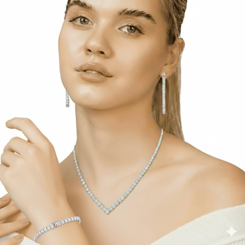 Vera 925 Ayar Gümüş 3 lü İthal Takım - Şık Kadın Kolye, Küpe ve Bileklik Seti - 1