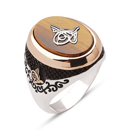 925 Ayar Gümüş Tuğralı Oval Kaplan Gözü Taşlı Yüzük - 3