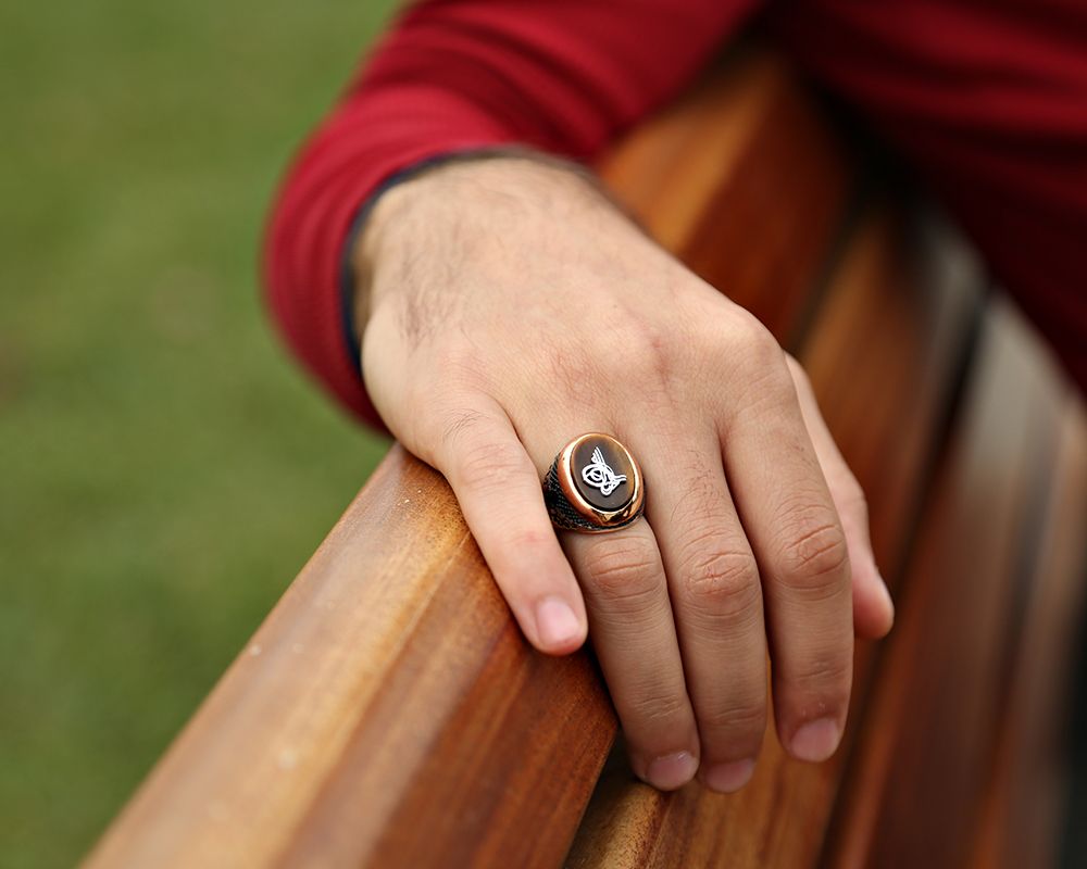 925 Ayar Gümüş Tuğralı Oval Kaplan Gözü Taşlı Yüzük - 2