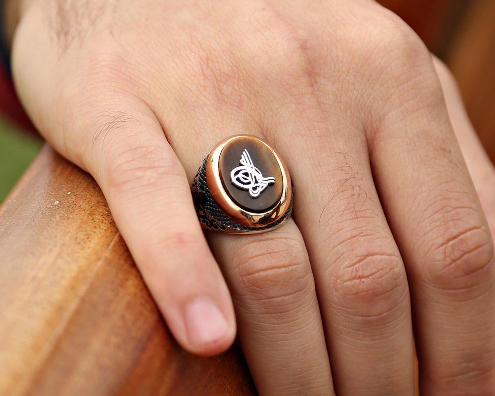 925 Ayar Gümüş Tuğralı Oval Kaplan Gözü Taşlı Yüzük - 1