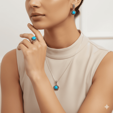 Turkuaz Doğaltaşlı Çiçek Tasarım 925 Ayar Gümüş 3 lü Takı Seti - Tesbihane