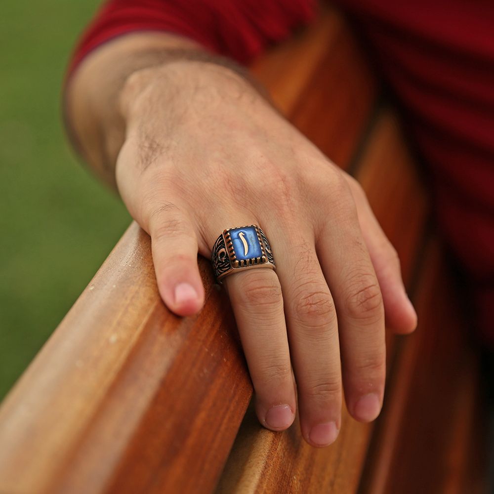 Ayyıldız Selçuklu Kartal Mavi Mineli Elif Harfli Gümüş Yüzük - 2