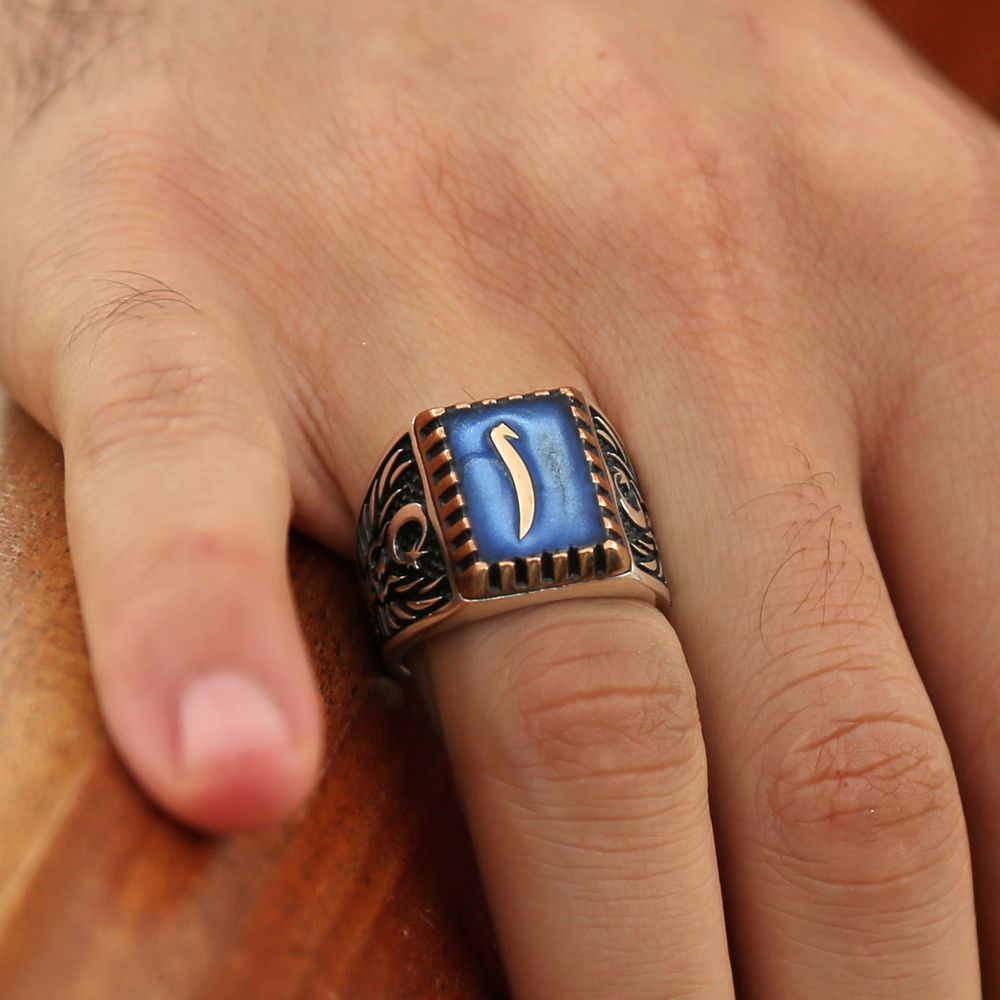 Ayyıldız Selçuklu Kartal Mavi Mineli Elif Harfli Gümüş Yüzük - 1