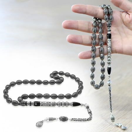 Erzurum Oltu Tesbih - 20 li Gümüş Yarma - Cevşen Nakkaş - 925 Ayar Gümüş Püsküllü - Arpa Kesim - Tesbihane