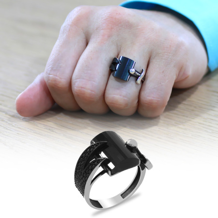 Faset Kesim Siyah Zirkon Taşlı Zülfikar Detaylı 925 Ayar Gümüş Erkek Yüzük - Tesbihane