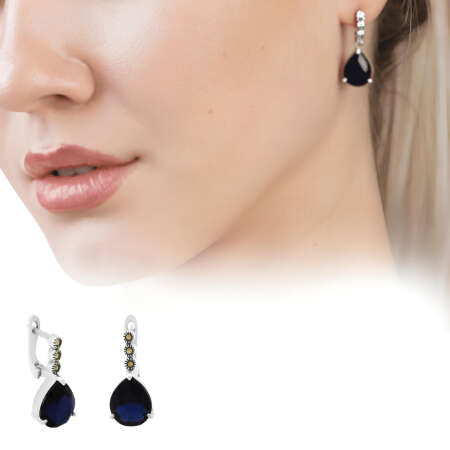 Faset Gece Mavi Zirkon Taşlı Damla Tasarım 925 Ayar Gümüş Kadın Küpe - Tesbihane