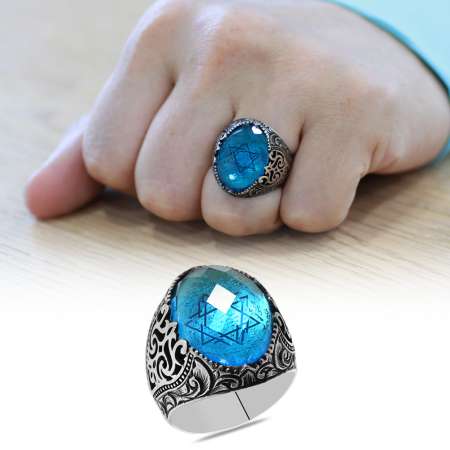 Faset Turkuaz Zirkon Taşlı Mührü Süleyman İşlemeli 925 Ayar Gümüş Erkek Yüzük - Tesbihane