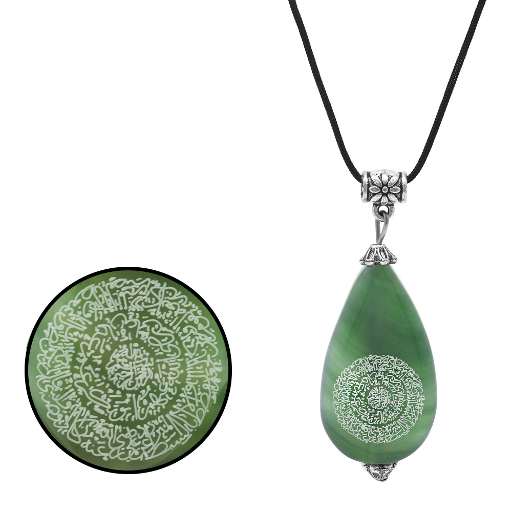 Hilyei Şerif Yazılı Yeşil Yemen Akik Taşı Erkek Kolye (Yemen Zırhı) - 3