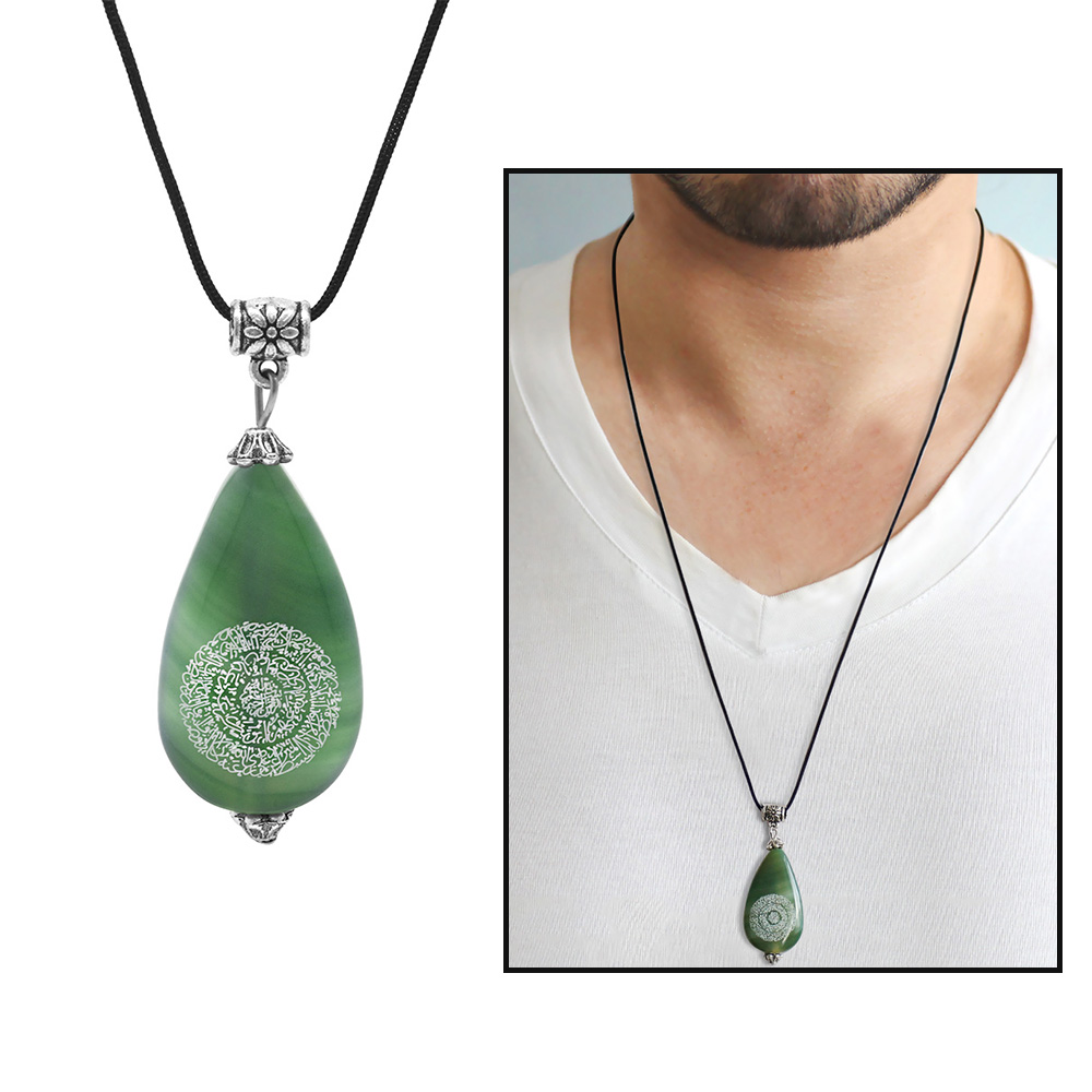 Hilyei Şerif Yazılı Yeşil Yemen Akik Taşı Erkek Kolye (Yemen Zırhı) - 1