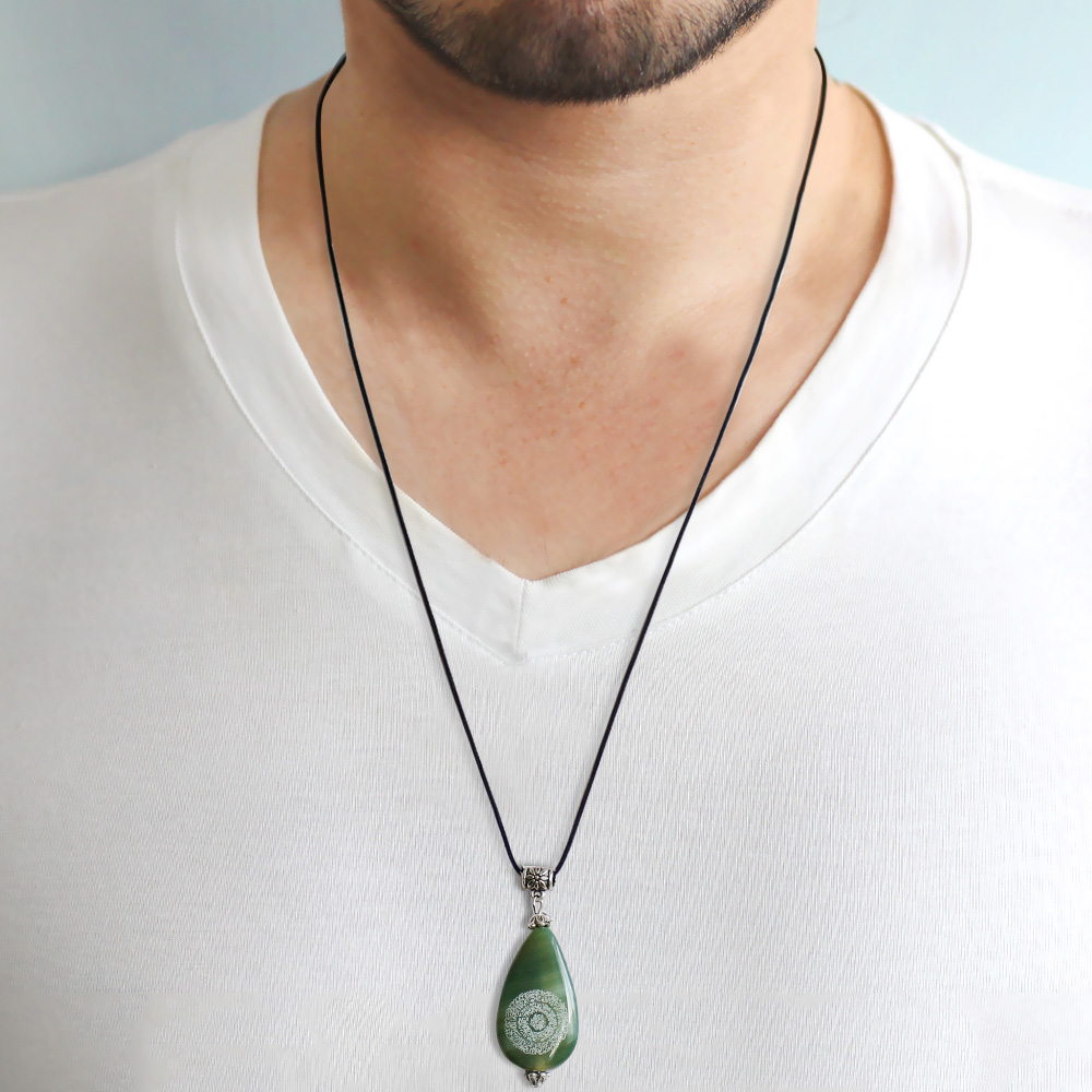 Hilyei Şerif Yazılı Yeşil Yemen Akik Taşı Erkek Kolye (Yemen Zırhı) - 2