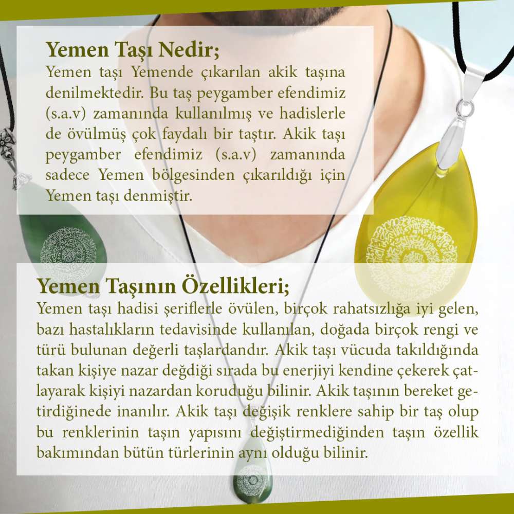 Hilyei Şerif Yazılı Yeşil Yemen Akik Taşı Erkek Kolye (Yemen Zırhı) - 6