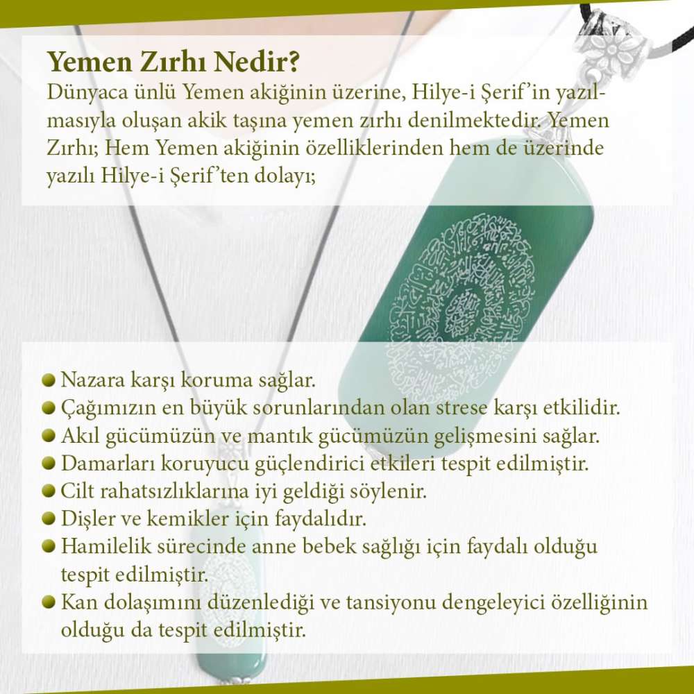 Hilyei Şerif Yazılı Yeşil Yemen Akik Taşı Erkek Kolye (Yemen Zırhı) - 7
