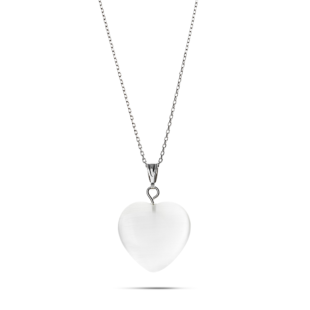 Kalp Tasarım 925 Ayar Gümüş Zincirli Çift Taraflı Soft Beyaz Kedigözü Kolye - 5