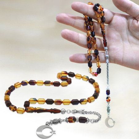 Kararmaz Metal Püsküllü Uçlu Kapsül Kesim İsim Yazılı Ayyıldız Plakalı Bonibon Ateş Kehribar Tesbih - Tesbihane