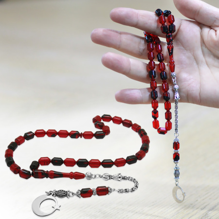 Kararmaz Metal Püsküllü Uçlu Kapsül İsim Yazılı Ayyıldız Plakalı Kırmızı Siyah Ateş Kehribar Tesbih - Tesbihane