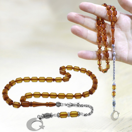 Kararmaz Metal Püsküllü Uçlu Kapsül İsim Yazılı Ayyıldız Plakalı Şeffaf Sarı Ateş Kehribar Tesbih - Tesbihane