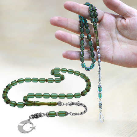 Kararmaz Metal Püsküllü Uçlu Kapsül Kesim İsim Yazılı Ayyıldız Plakalı Turkuaz Ateş Kehribar Tesbih - Tesbihane