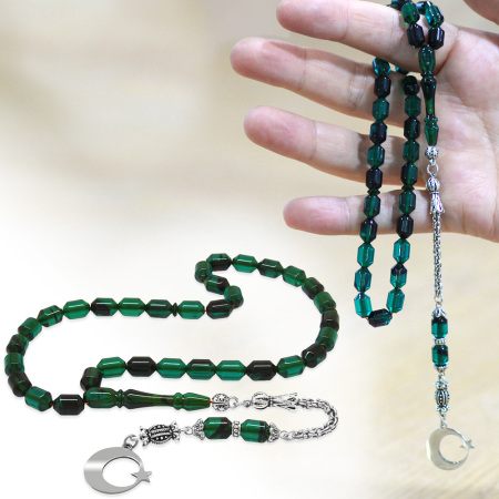 Kararmaz Metal Püsküllü Uçlu Kapsül İsim Yazılı Ayyıldız Plakalı Turkuaz Siyah Ateş Kehribar Tesbih - Tesbihane