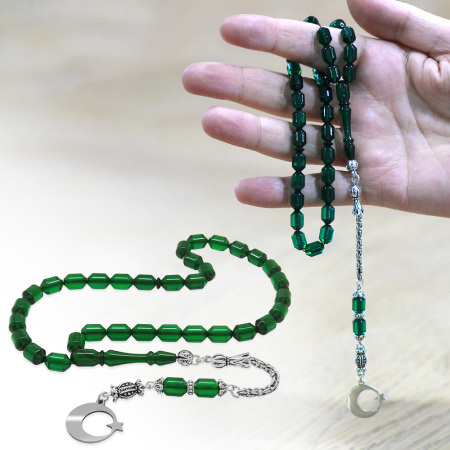 Kararmaz Metal Püsküllü Uçlu Kapsül Kesim İsim Yazılı Ve Ayyıldız Plakalı Yeşil Ateş Kehribar Tesbih - Tesbihane