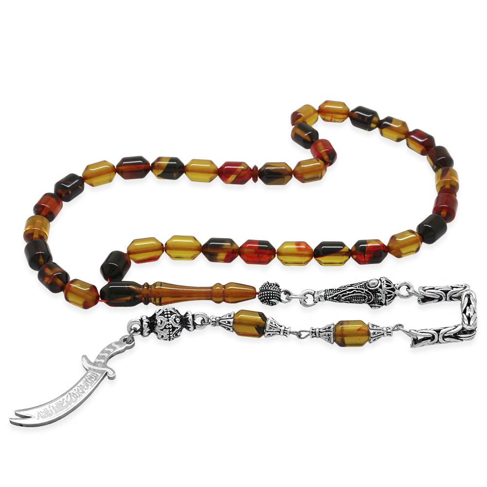 Kararmaz Metal Püsküllü Uçlu Kapsül İsim Yazılı Zülfikar Plakalı Bala Siyah Ateş Kehribar Tesbih - 2