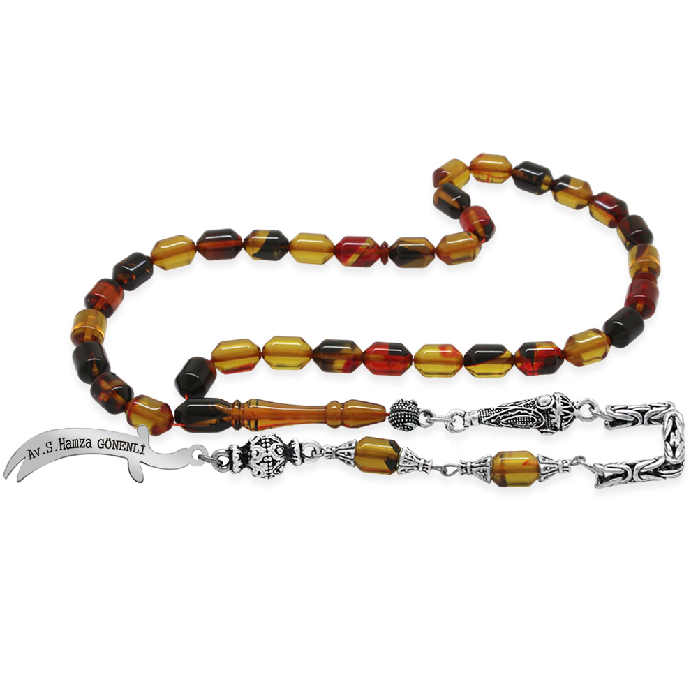 Kararmaz Metal Püsküllü Uçlu Kapsül İsim Yazılı Zülfikar Plakalı Bala Siyah Ateş Kehribar Tesbih - 3