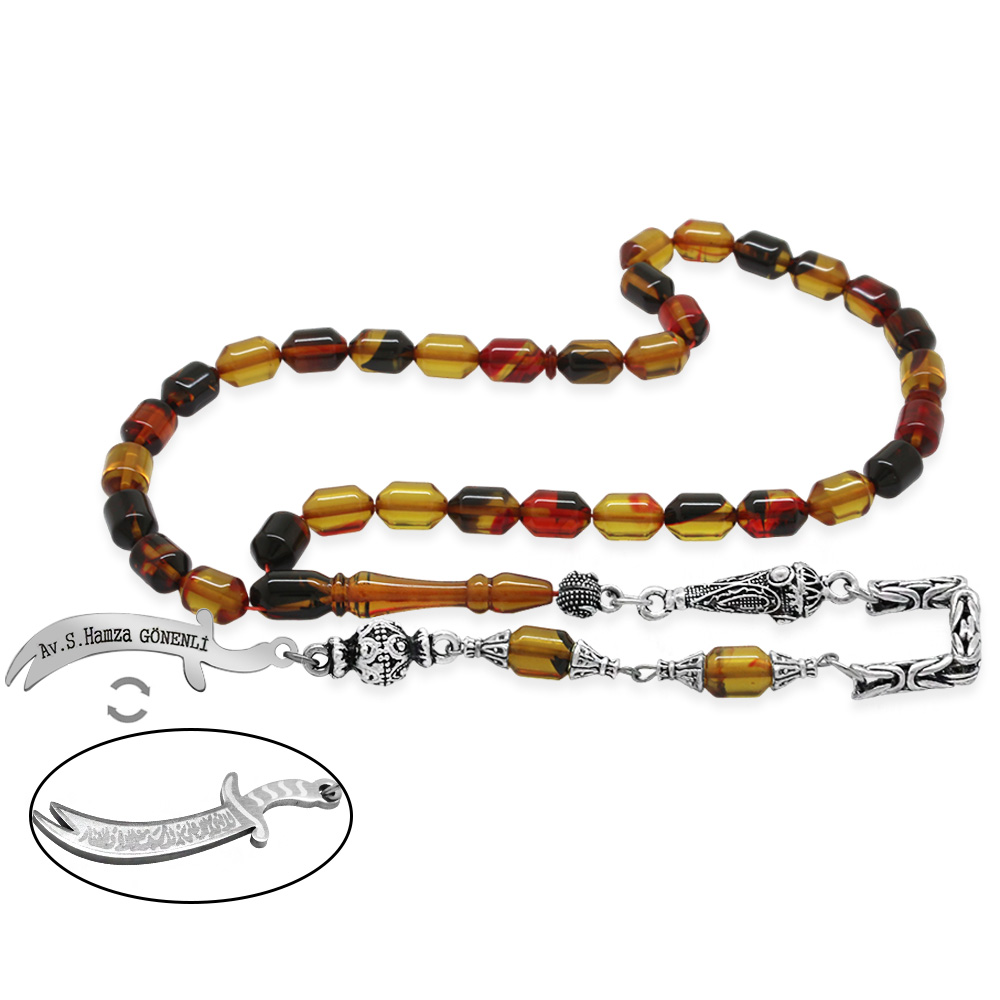 Kararmaz Metal Püsküllü Uçlu Kapsül İsim Yazılı Zülfikar Plakalı Bala Siyah Ateş Kehribar Tesbih - 1