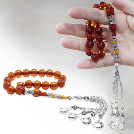 Kararmaz Metal Püsküllü Alpaka Nakkaş İmameli Kırmızı Sıkma Kehribar Efe Tesbih Küre Kesim - Tesbihane