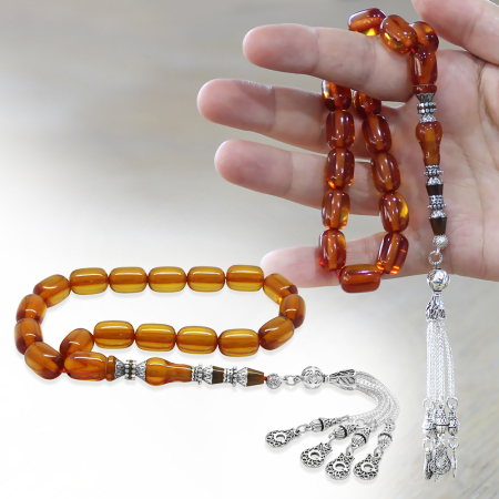 Kararmaz Metal Püsküllü Alpaka Nakkaş İmameli Sıkma Kehribar Efe Tesbih Bal Rengi Kapsül Kesim - Tesbihane