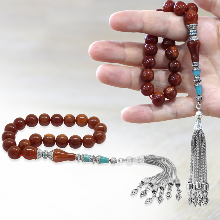 Kararmaz Metal Püsküllü Alpaka Nakkaş İmameli Sıkma Kehribar Efe Tesbih Vişne Rengi Küre Kesim - Tesbihane