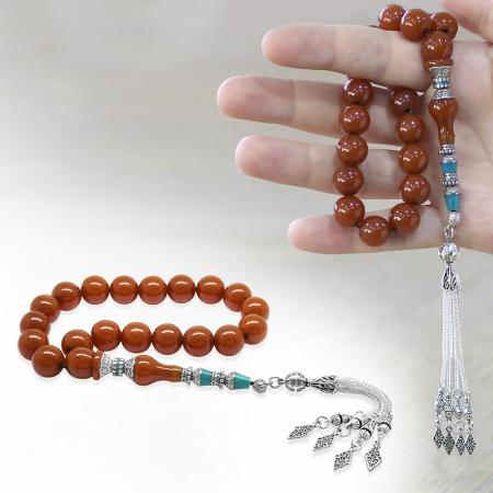 Kararmaz Metal Püsküllü Alpaka Nakkaş İmameli Turuncu Sıkma Kehribar Efe Tesbih Küre Kesim - Tesbihane