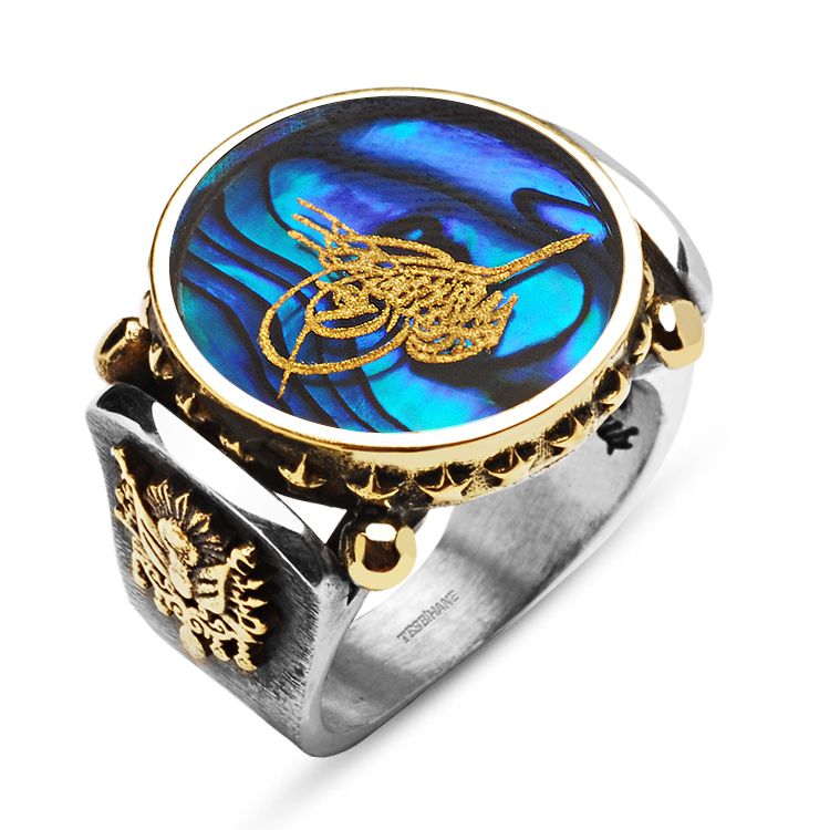 Okyanus Sedefi Üzerine Altın Varak Tuğralı Arma Tasarım Gümüş Yüzük - 1