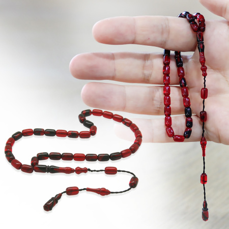 Ateş Kehribar Tesbih - Mini Boy - Sistem Takımlı - Kırmızı Siyah - Kapsül Kesim - Tesbihane