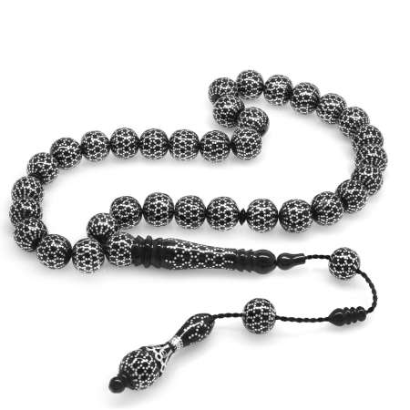 Hitamesi Nakkaşiyeli Kumpas İşçilikli Yoğun Gümüş İşlemeli Küre Kesim Erzurum Oltu Taşı Tesbih - Tesbihane