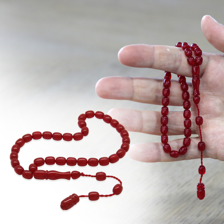 Sistemli Küp Kesim Bilek Boy Sedefli Kırmızı Ateş Kehribar Tesbih - Tesbihane