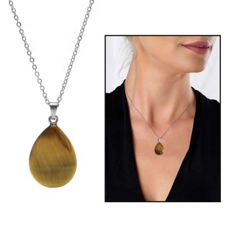 Su Damlası Tasarım Kararmaz Metal Zincirli Kaplan Gözü Doğaltaş Kadın Kolye - Tesbihane