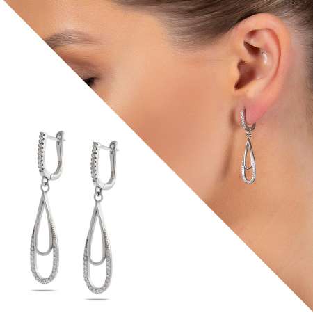 Zirkon Taşlı Elips Tasarım 925 Ayar Gümüş Kadın Küpe - Tesbihane